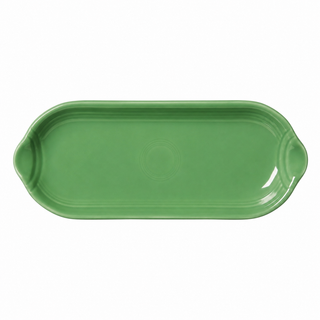 The Fiesta Appetizer Tray 9 1/2 Inch is a green, oval-shaped ceramic serving tray with slightly raised edges and two small, rounded handles on each end, adding a touch of vibrant elegance to any gathering.