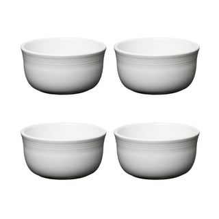 Fiesta White Set of 4 All-Purpose 6-Inch 28OZ Gusto Bowls arranged in a grid on a white background. Each dishwasher-safe ceramic bowl features a smooth, simple design with a rounded lip, ideal for everyday use.