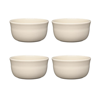 The Fiesta (FTC) Linen Set of 4 All-Purpose 6-Inch 28OZ Gusto Bowls are arranged in a grid on a white background. These cream-colored ceramic bowls are both stylish and dishwasher safe, perfect for convenient kitchen use.