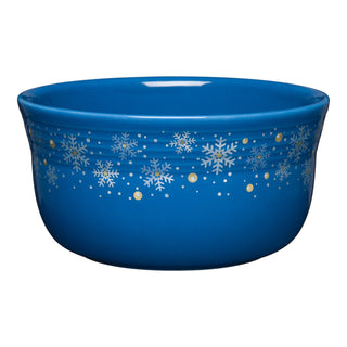 The Fiesta 🎁 Retired Snowflake All-Purpose 6 Inch Gusto Bowl (lapis, 28 OZ) features white snowflakes and gold dots—100% off—ideal for your next BOGO Bundle at BOGOS.io!.