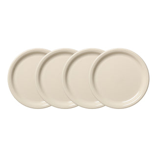Four linen-colored 9-inch plates from the Fiesta (FTC) Linen Set of 4 Bistro Coupe Luncheon Plate are arranged in a slightly overlapping row on a white background. Proudly made in the USA.