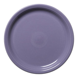 The Fiesta Lavender Bistro Coupe 9 Inch Luncheon Plate features a glossy finish, concentric center circles, and is crafted from lead-safe china.