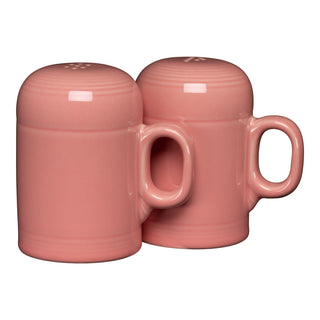 The New Retired Fiesta 4 5/8 Inch Rangetop Large Salt and Pepper Shaker Set in Peony features glossy vitrified china shakers with handles, side by side, each with holes on top for easy dispensing. Brand: Fiesta.