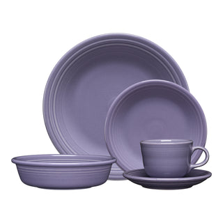 The Fiesta Lavender Classic Rim 5-Piece Place Setting, Service for 1, features a dinner plate, salad plate, bowl, cup, and saucer in matching lavender ceramic with a simple ridged design for timeless dinnerware style.
