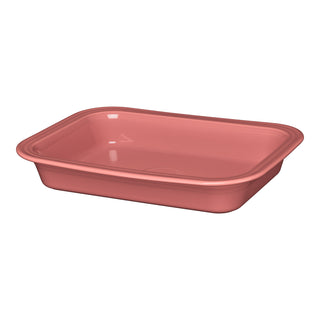 A glossy, peony pink Fiesta New Retired Rectangular 9x13 Inch Baker (3 Qt), made in the USA, with slightly rounded edges and shallow sides, is shown empty on a white background.