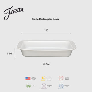 The Fiesta Lavender Rectangular 9x13 Inch Baker (3 Quart), made in the USA, is oven, microwave, and dishwasher safe, lead safe, and chip resistant—ideal for everyday use.
