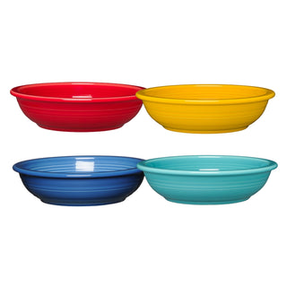 The Fiesta Mixed Vibrant Classic Rim 8 3/8-Inch 34OZ Pasta Bowls set features four dishwasher safe ceramic bowls in red, yellow, blue, and turquoise, each with a smooth finish and wide rim, arranged on a white background.