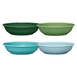 The Fiesta (FTC) Mixed Aegean Classic Rim 8 3/8-Inch 34oz Pasta Bowls set includes four lead-free ceramic bowls in dark green, light green, turquoise, and light blue, arranged in two rows on a white background.