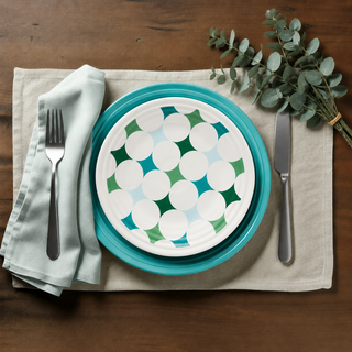 A Fiesta Aegean Kaleido Circles Classic Rim 9 Inch Luncheon Plate, featuring a vibrant geometric design, is displayed on a teal charger over a beige placemat, with a fork, knife, folded cloth napkin, and eucalyptus sprig artfully arranged beside it. Crafted from lead-safe china by Fiesta, this plate adds everyday elegance to your table setting.