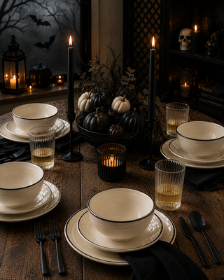 A spooky Halloween table features the Fiesta Black Band Classic Bistro 3-Piece Place Setting, black cutlery, candles, glasses, and black-and-white pumpkins as a centerpiece. Bats, extra candles, and a skull complete the festive background decor.