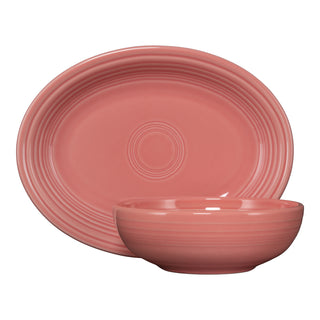 The Fiesta (FTC) New Retired 2-Piece Serve Set in Peony includes an 11 5/8" oval platter and a 38 oz Bistro Bowl, both with a glossy finish—perfect for enhancing your Fiesta dinnerware collection.