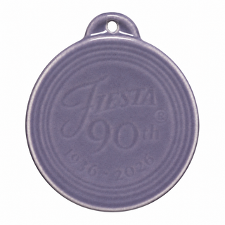 Round lavender Fiesta Lavender 90th Anniversary Embossed Ornament featuring embossed text reading Fiesta 90th and the years 1936-2026.