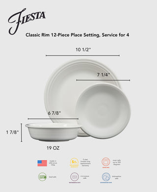 The Fiesta Lavender Classic Rim 12-Piece Dinnerware Set, service for 4, includes a large dinner plate, medium bowl, and small salad plate—all with labeled sizes and features—proudly made in the USA.