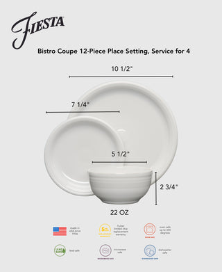 The Fiesta Lavender Bistro Coupe 12-Piece Dinnerware Set serves 4 and includes 10.5" dinner plates, 7.25" salad plates, and 5.5" (22 oz) bowls. American made, lead safe, oven, microwave, and dishwasher safe.