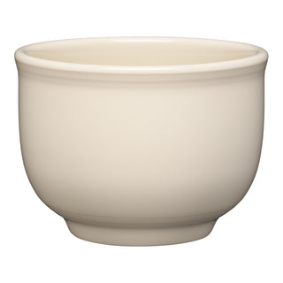 The Fiesta (FTC) Linen 4 5/8 Inch Jumbo Bowl, 18 OZ, is a microwave-safe, off-white ceramic bowl with a smooth finish and gently rounded sides, shown against a white background.