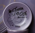 The Fiesta Lavender 90th Anniversary 3 Inch Mini Magnet Dinner Plate features a dancing woman, Fiesta 90th Anniversary, and the years 1936-2026—a must-have for collectors.