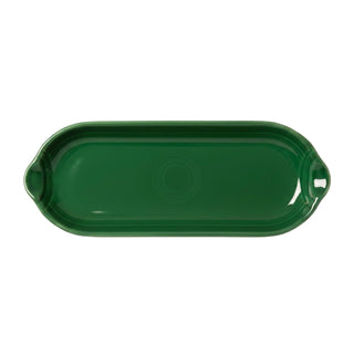 The Fiesta Appetizer Tray 9 1/2 Inch is an oval, green ceramic tray with small handles at each end, shown from above on a white background.
