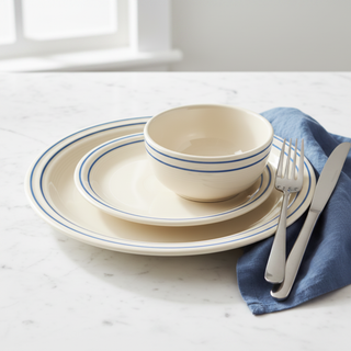 Blue Band Dinnerware with Fork and Knife on Napkin