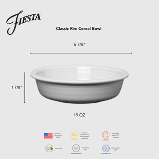 The Fiesta Lavender Classic Rim 6 7/8" Cereal Bowl has a 19 oz capacity, measures 6 7/8" wide by 1 7/8" tall, is lead-safe china, microwave, oven and dishwasher safe, and comes with a 5-year chip warranty.