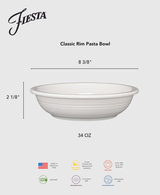 The Fiesta Lavender Classic Rim Pasta Bowl, 8 3/8" wide, 2 1/8" high, holds 34 oz. Lead-safe china is dishwasher, microwave, and oven safe—proudly made in the USA. Shown here in a round shape from the side.