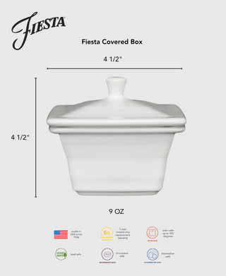 Fiesta Lavender Covered Box, 4 5/8" x 3 3/4", ideal for kitchen storage. Made in USA, lead safe, microwave/oven/dishwasher safe, and comes with a 5-year chip warranty.