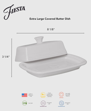 The Fiesta Lavender Extra Large Covered Butter Dish measures 8 1/8" x 5 1/8", is lead safe, microwave and dishwasher safe, and proudly made in the USA.