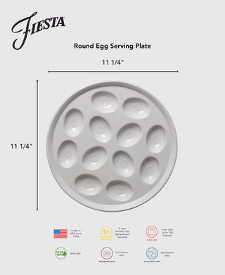 The Fiesta Lavender Round Egg Serving Platter features twelve oval indentations, measures 11 1/4 inches in diameter, is made in the USA, and is oven, microwave, and dishwasher safe as well as lead free.