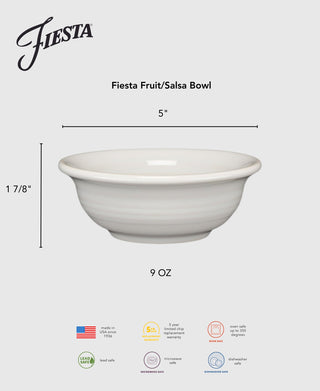 The Lavender 5 Inch Fruit/Salsa Bowl (9 oz) by Fiesta is made in the USA, measures 5" wide and 1 7/8" tall, is dishwasher, microwave, and oven safe, lead free, and includes a 5-year warranty.