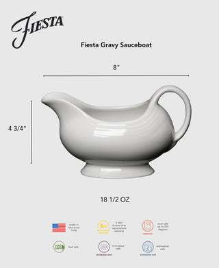 Fiesta Lavender 18 1/2 OZ gravy sauceboat with handle and spout, ideal for serving sauces. Measures 8" long, 4 3/4" tall, holds 18.5 oz. Fiesta logo and product icons displayed below the image.
