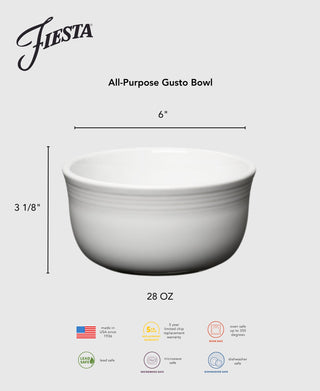 The Lavender All-Purpose 6 Inch Gusto Bowl by Fiesta holds 28 oz, measures 3 1/8" high, and is dishwasher, microwave, and oven safe. Lead safe and proudly made in the USA.