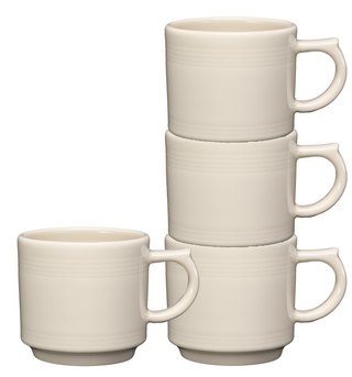 The Fiesta Linen 16 OZ Set of 4 Stackable Mugs features cream-colored vitrified china with matching ridges. Durable, dishwasher safe, and made in the USA.