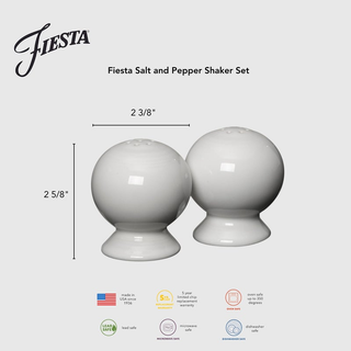 The Fiesta Botanical Floral Lavender Salt and Pepper Shaker Set features two glossy, round shakers on pedestals (2 5/8" tall, 2 3/8" wide). Highlights include dishwasher safety, lead-free glaze, and quality USA-made craftsmanship.