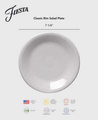 The Fiesta Botanical Floral Lavender Classic Rim Salad Plate, 7 1/4", is USA-made ceramic dinnerware. It’s lead safe, microwave, dishwasher and oven safe, and comes with a 5-year chip warranty.