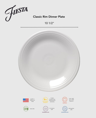 A round, white Botanical Floral Sky Classic Rim 10 1/2 Inch Dinner Plate by Fiesta, shown from above. Made in the USA, it's microwave, dishwasher, and oven safe, lead free, and comes with a 5-year chip warranty.