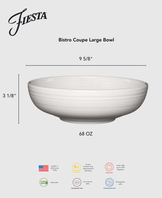 The Fiesta Lavender Bistro Coupe Bowl is a large ceramic serving bowl, 9 5/8" wide by 3 1/8" high with a 68 oz capacity. It's lead-free, microwave safe, oven safe, and dishwasher safe.