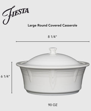 The Fiesta Lavender Large 10 Inch Round Covered Casserole holds 2.8 quarts and includes a knobbed lid. Both oven safe and dishwasher safe, it’s perfect for easy cooking and cleanup.