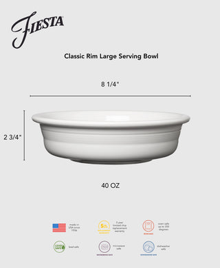 The Fiesta Lavender Classic Rim Extra Large Serving Bowl measures 10 1/2" wide, holds 80 oz, and is made in the USA. It’s lead safe, microwave and dishwasher safe, and comes with a 5-year chip warranty.