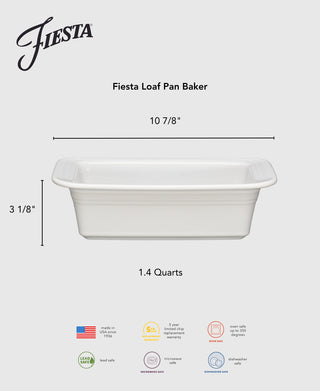 The Fiesta Lavender Loaf Pan Baker (10 3/4" x 5 3/4", 1.4 qt) is lead-free, oven, microwave, and dishwasher safe, made in the USA, and comes with a 5-year warranty.