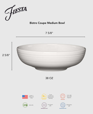 The Fiesta Lavender Bistro Coupe Medium Bowl measures 7 5/8" x 2 5/8", holds 38 oz, and is microwave, oven, and dishwasher safe. Made from lead-safe material with a 5-year chip warranty.