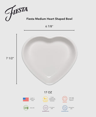 The Fiesta Lavender 7 1/2" Medium Heart Shaped Bowl holds 17 oz, is made in the USA from lead-safe china, and features microwave, dishwasher, and oven safety plus a 5-year chip warranty.