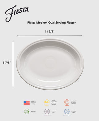 The Fiesta Lavender 11 5/8" Medium Oval Serving Platter is made in the USA from lead-safe china. It's eco-friendly, microwave and oven safe, dishwasher safe, and comes with a 5-year warranty. Measures 11 5/8" x 8 7/8".