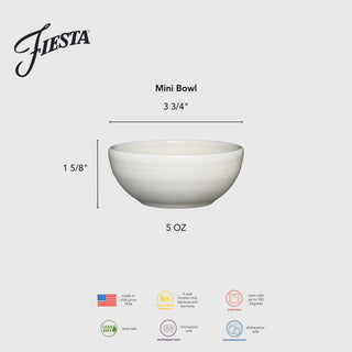 The Fiesta Lavender 3 3/4 Inch Mini Bowl holds 5 oz, measures 1 5/8" tall, and is made in the USA. This ceramic bowl is lead safe and safe for microwave, oven, and dishwasher use.
