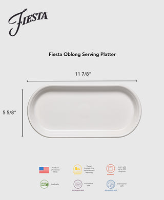 The Fiesta Lavender 11 7/8" oblong serving platter is lead safe, made in the USA, dishwasher and microwave safe, and comes with a 5-year chip warranty.