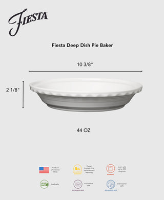 The Fiesta Lavender 10 1/4" Deep Dish Pie Baker holds 44 oz, is oven, microwave, and dishwasher safe, lead safe, made in the USA, and includes a 5-year chip warranty.