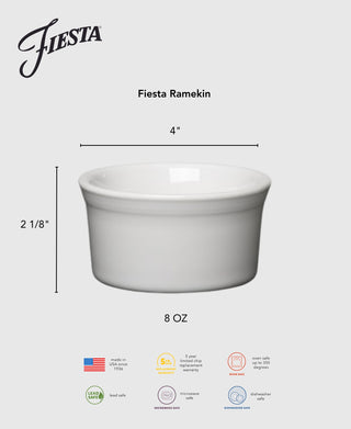 The Lavender 8 OZ Ramekin 4 Inch by Fiesta is USA-made ceramic, 4" wide, 2-1/8" tall, and lead safe. It's microwave, dishwasher, and oven safe to 500°F with a 5-year chip warranty.