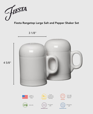 The Fiesta Lavender 4 5/8 Inch Rangetop Large Salt and Pepper Shaker Set features two white ceramic shakers with handles. Made in the USA, dishwasher safe, each measures 3 1/8" wide by 4 5/8" tall.