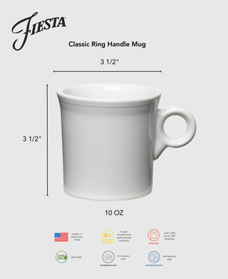 The Lavender Classic Ring Handle 10 1/4 OZ Mug by Fiesta features a classic ring handle, is 3.5 inches tall and wide, microwave, oven, and dishwasher safe, lead-free, and proudly made in the USA.