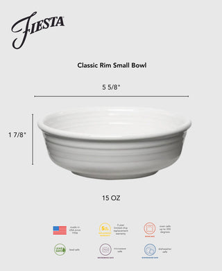 A Lavender Fiesta Classic Rim Small Bowl is shown with dimensions: 5 5/8" wide, 1 7/8" tall, and a 15 oz capacity. This lead-safe china piece is microwave, oven, and dishwasher safe, and made in the USA.