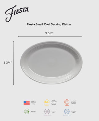 The Fiesta Lavender 9 5/8" Small Oval Serving Platter is made in the USA from lead-safe china. Microwave and dishwasher safe, it measures 9 5/8" x 6 3/4" and includes a 5-year chip warranty.
