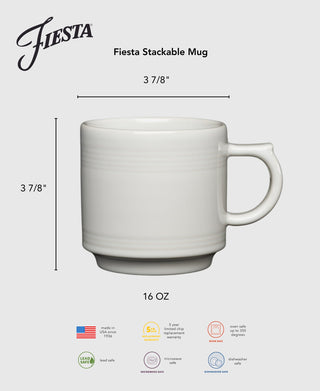 Lavender 16 OZ Stackable Mug by Fiesta, shown from the side with handle. These mugs are 3⅞" tall and wide. Microwave, dishwasher, oven safe, lead safe, and proudly made in the USA.